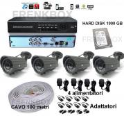 Kit videosorveglianza DVR p2p 1000Gb 4 Telecamere varifocali 2,8-12mm Cavo 100mt